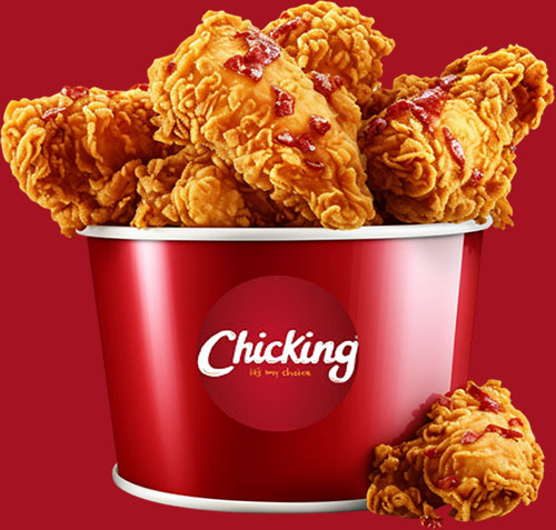 A Chicking branded bucket of fried chicken pieces