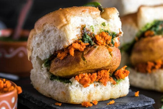 Vada pav from Raai, a spiced potato fritter in a soft bread roll